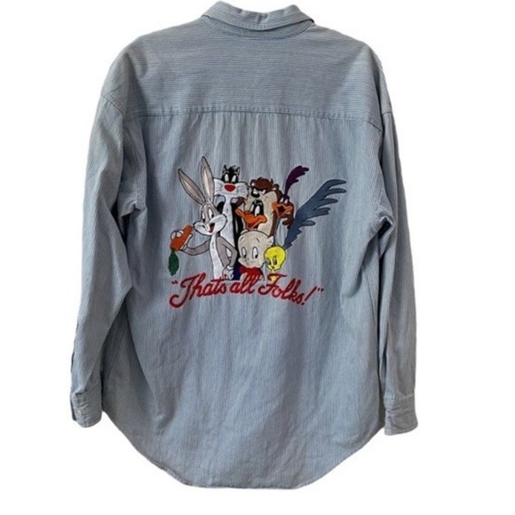 VINTAGE 90s Looney Tunes ACME Clothing Cotton Blue Pinstripe button down Medium - Picture 1 of 12